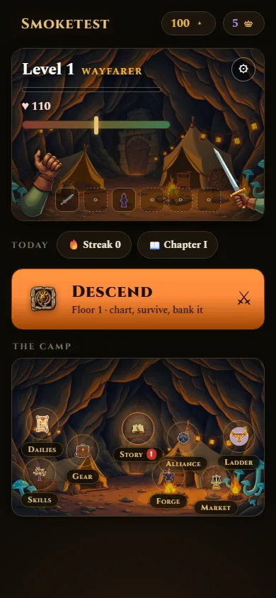 The camp at the labyrinth's mouth — your home base