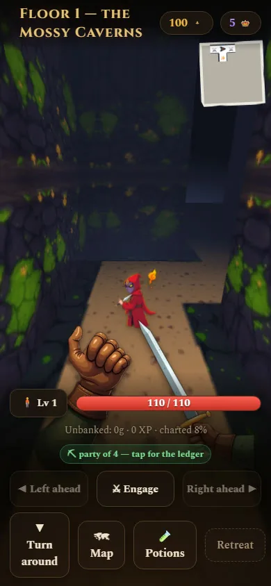 First-person maze walking: a torch-lit corridor with a cultist ahead